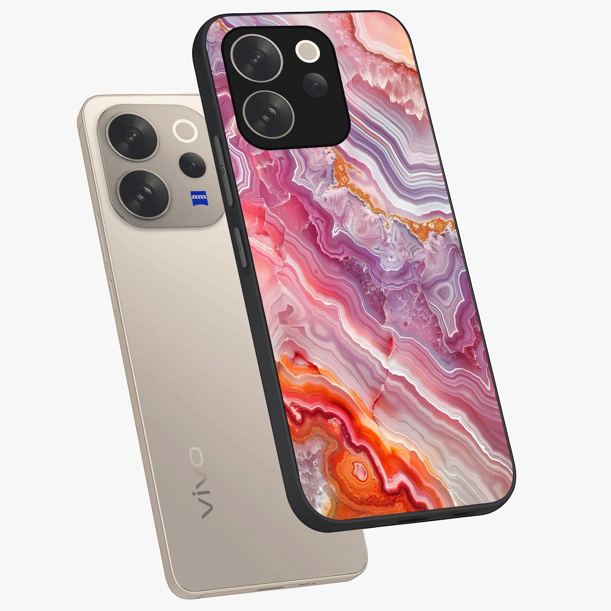 Rose Quartz Marble Glass Case displayed in angled mockup highlighting elegant marble pattern with soft aesthetic style.