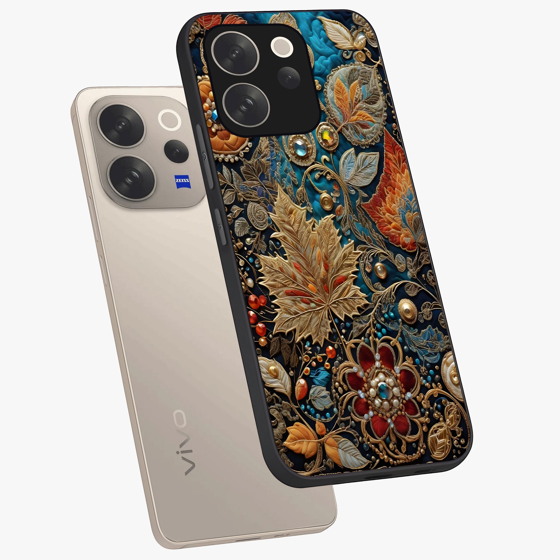 Royal Jewel Garden Glass Case displayed in angled mockup highlighting vibrant jewel inspired floral design with elegant aesthetic.