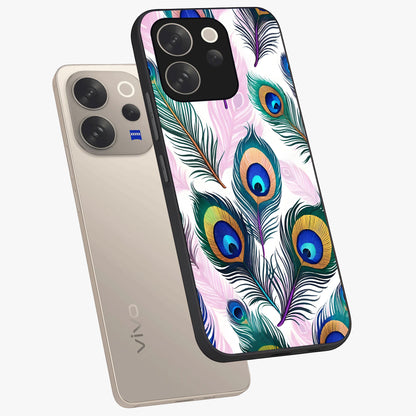 Royal Peacock Feathers Glass Case displayed in angled mockup highlighting vibrant feather pattern with regal aesthetic style.