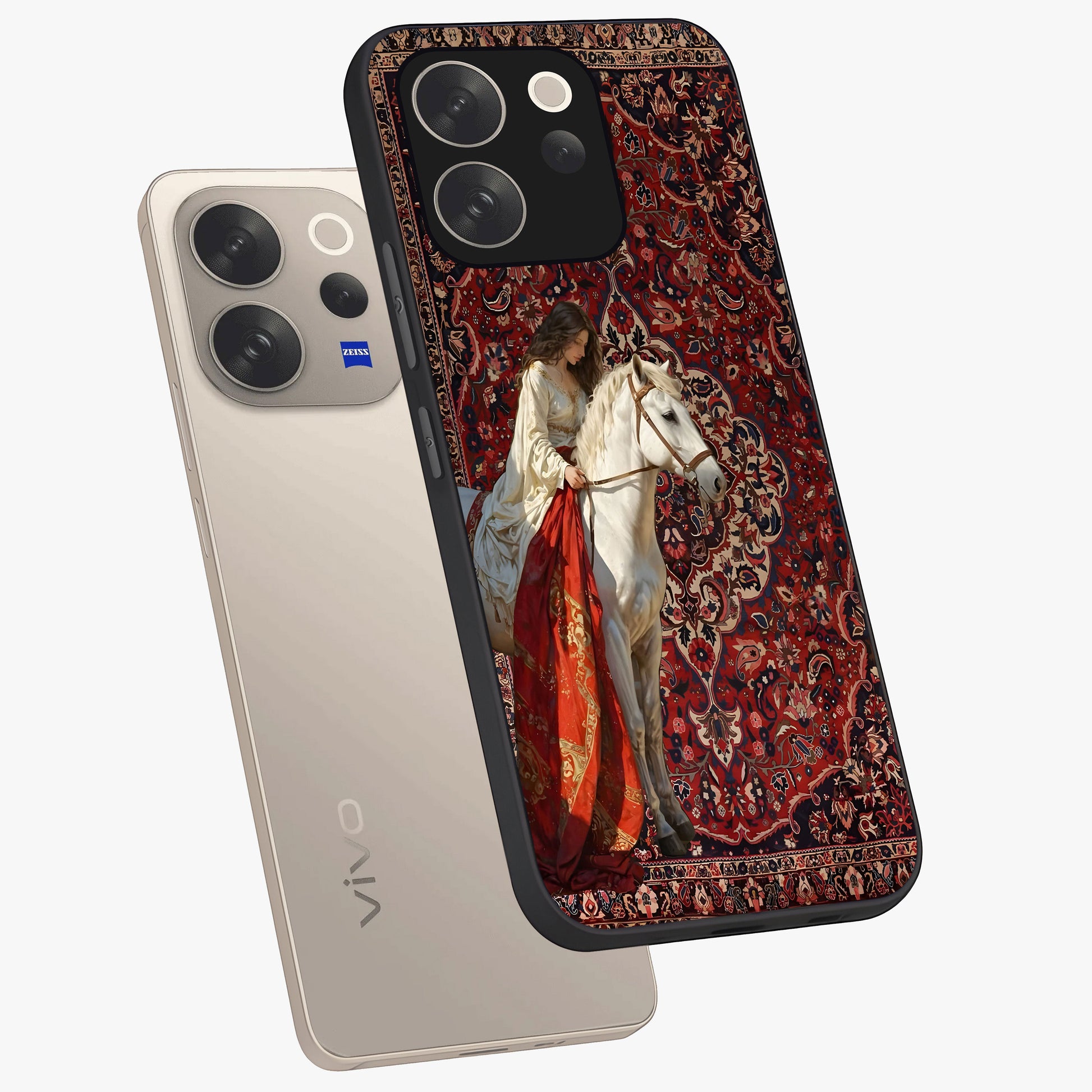 Royal Rider Tapestry Glass Case displayed in angled mockup highlighting traditional tapestry design with royal heritage aesthetic.