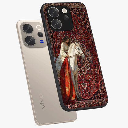 Royal Rider Tapestry Glass Case displayed in angled mockup highlighting traditional tapestry design with royal heritage aesthetic.