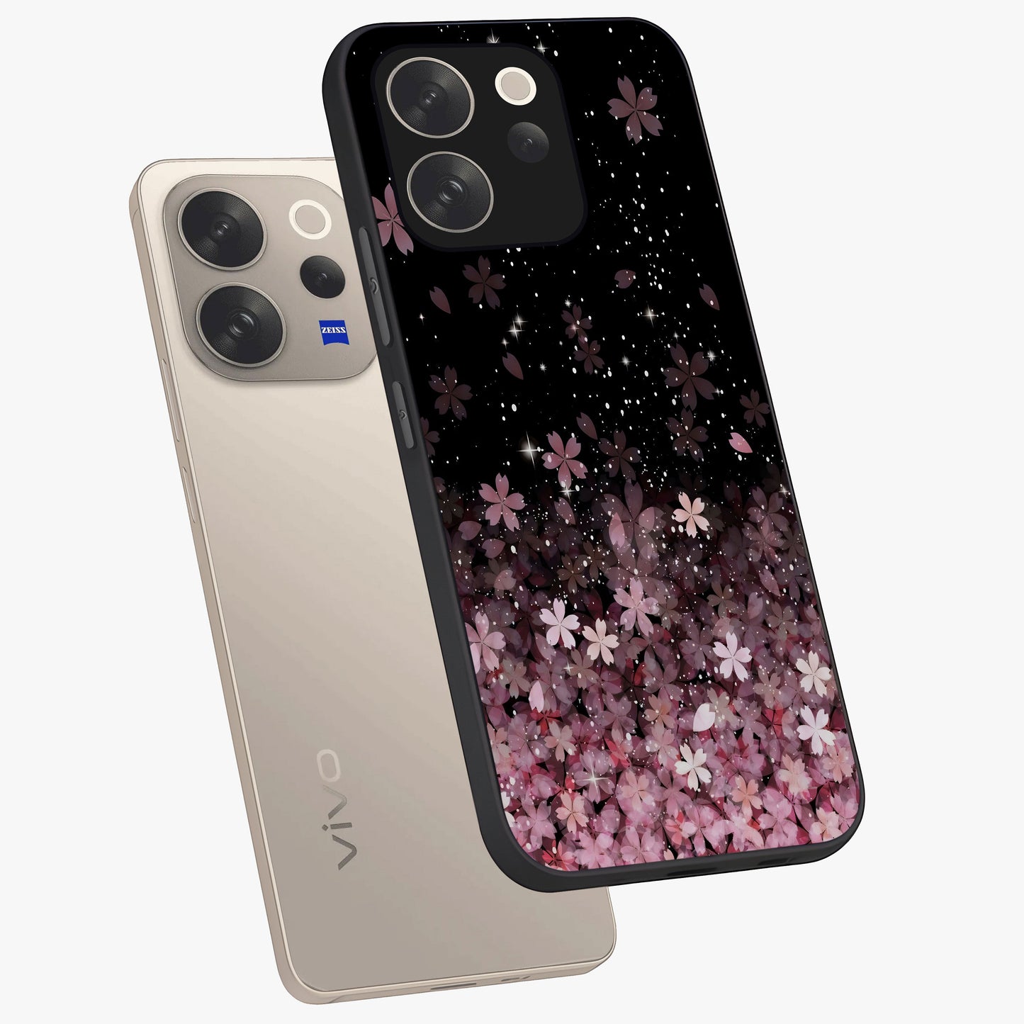 Small Starry Flowers Glass Case displayed in angled mockup highlighting tiny flower pattern with celestial aesthetic style.
