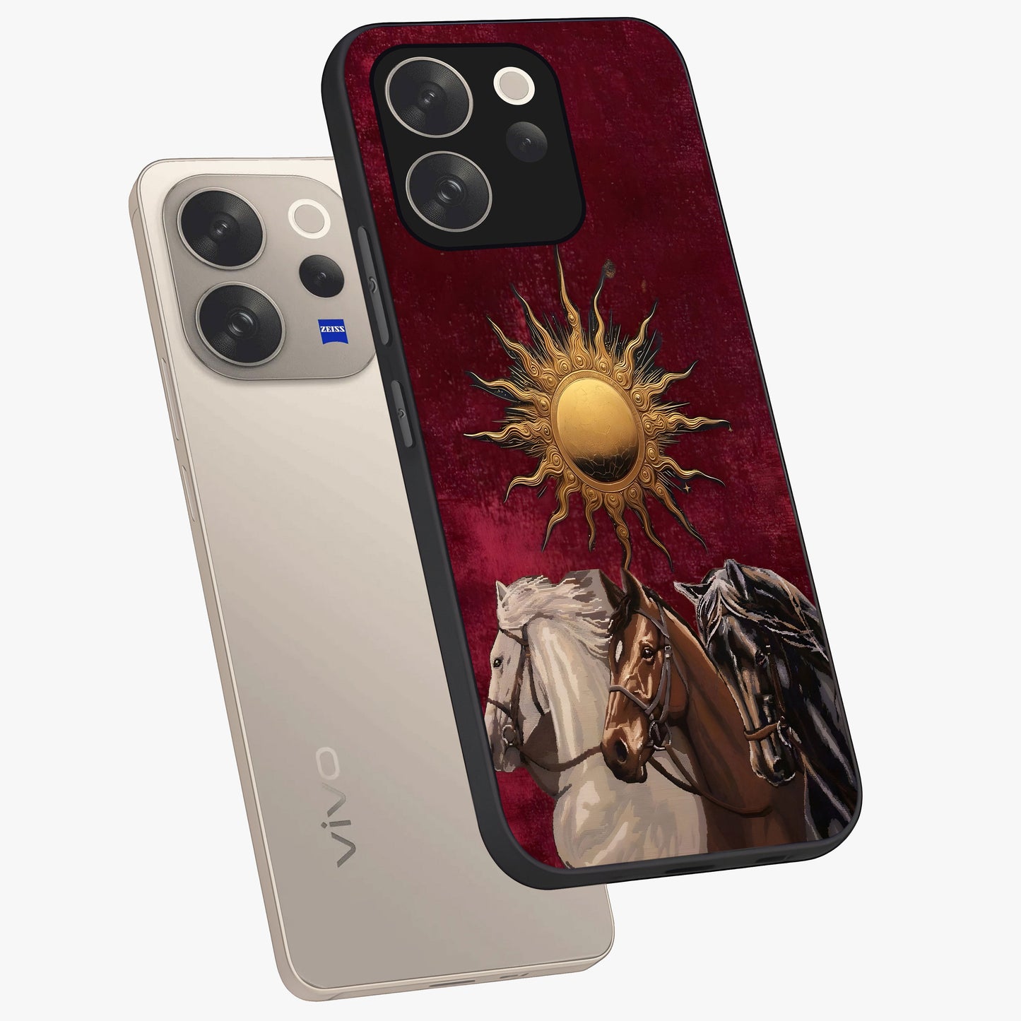 Solar Riders Glass Case displayed in angled mockup highlighting powerful rider illustration with radiant solar aesthetic.