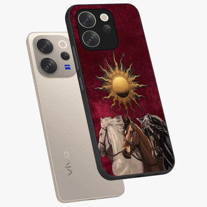 Solar Riders Glass Case displayed in angled mockup highlighting powerful rider illustration with radiant solar aesthetic.