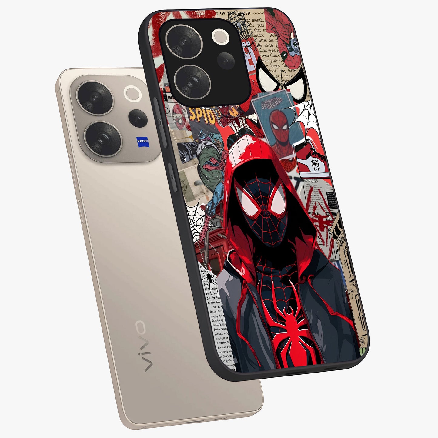 Spider Collage Street Glass Case displayed in angled mockup highlighting dynamic street style collage design with comic aesthetic.