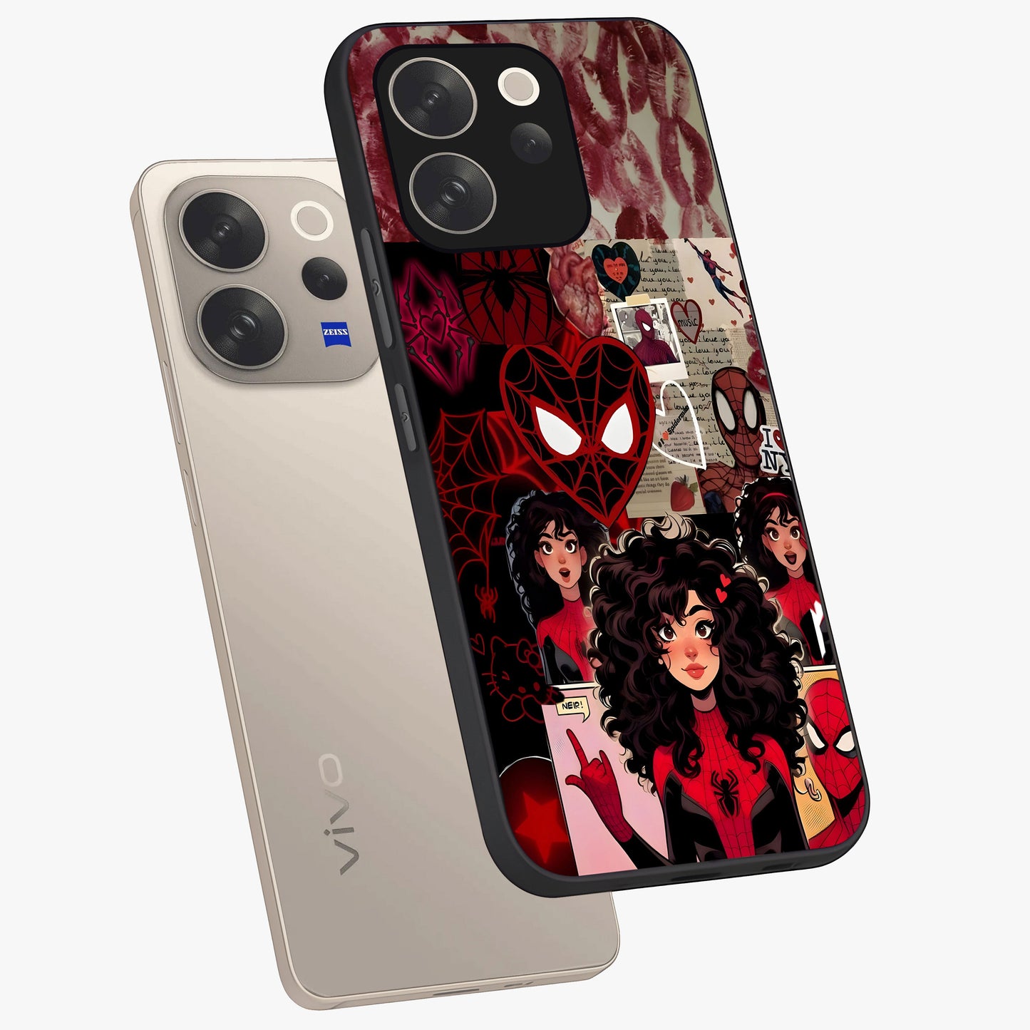 Spider Love Story Glass Case displayed in angled mockup highlighting expressive comic inspired design with playful aesthetic.