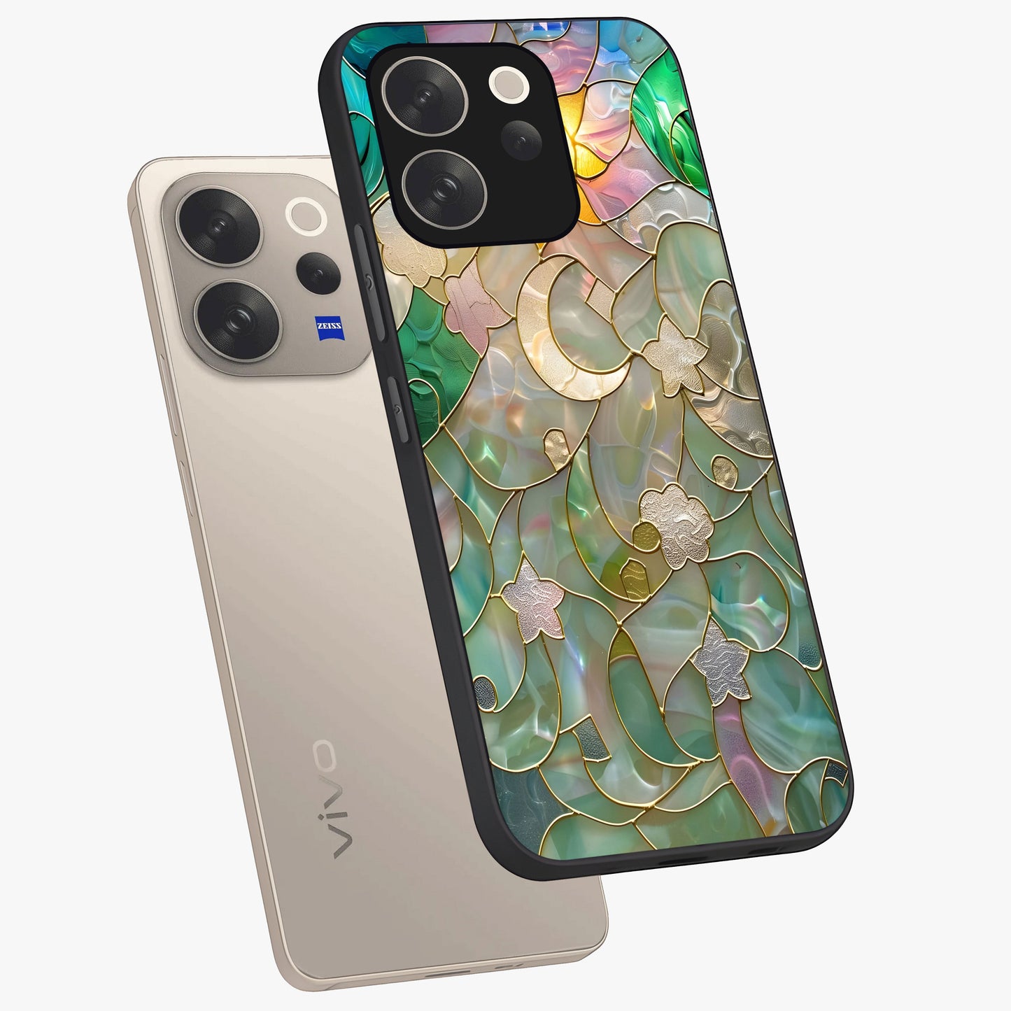Stained Sunrise Glow Glass Case displayed in angled mockup highlighting radiant sunrise design with artistic aesthetic style.
