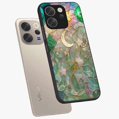 Stained Sunrise Glow Glass Case displayed in angled mockup highlighting radiant sunrise design with artistic aesthetic style.