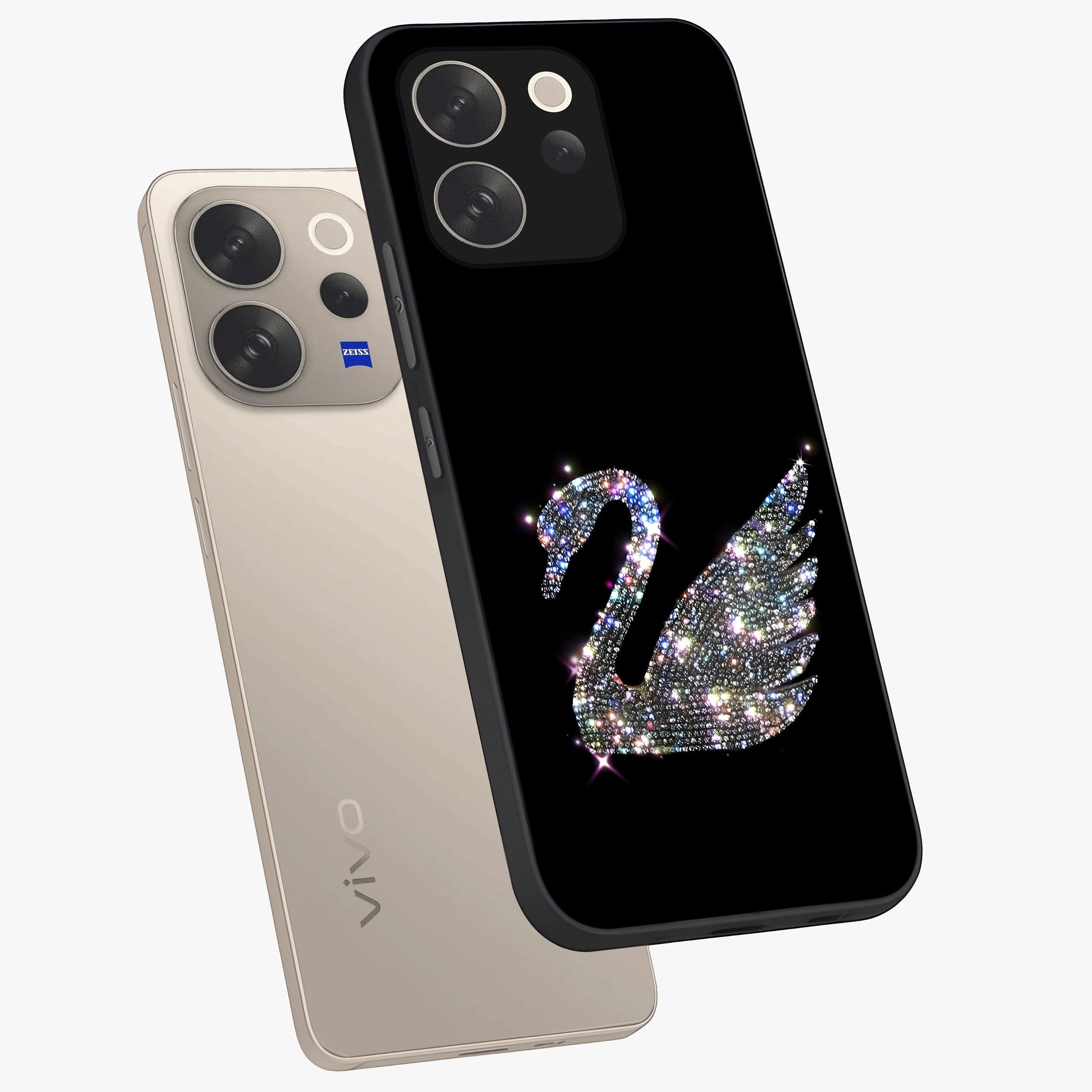 Starlit Swan Grace Glass Case displayed in angled mockup highlighting elegant swan illustration with dreamy celestial aesthetic.