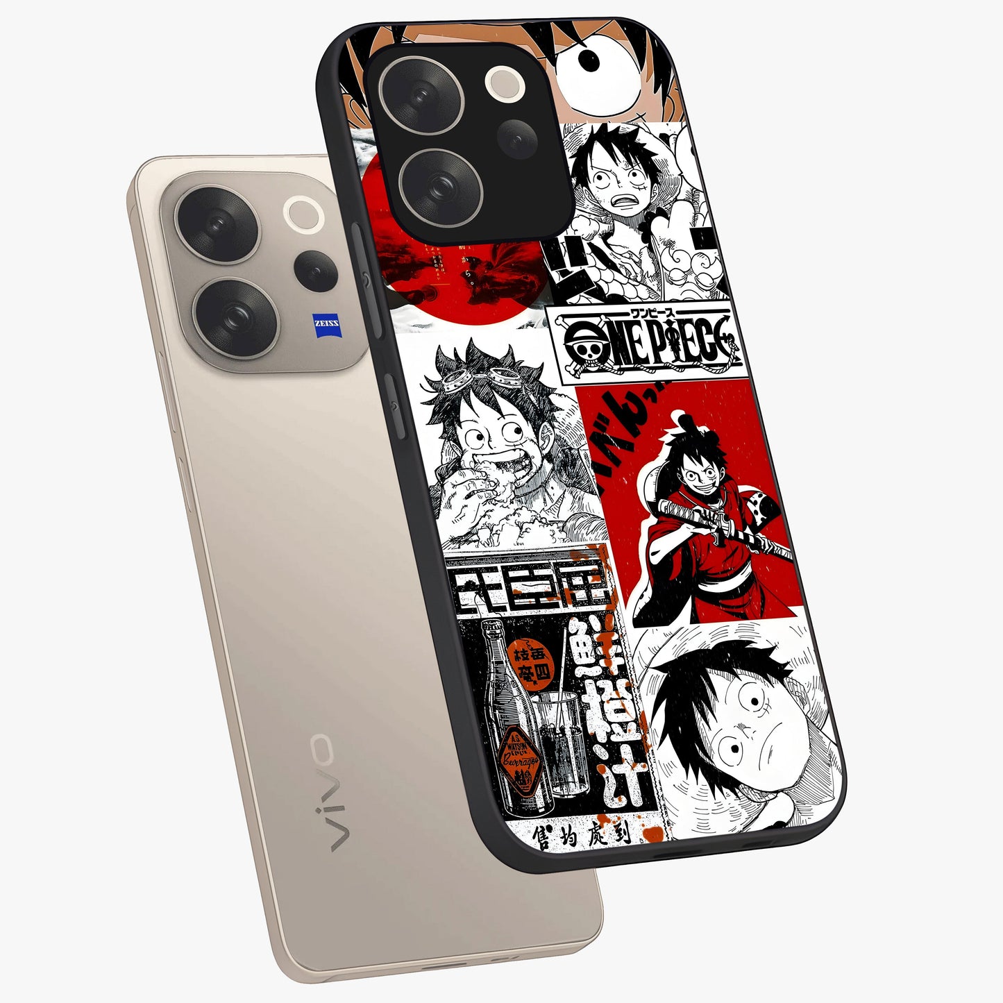Strawhat Chaos Panels Glass Case displayed in angled mockup highlighting vibrant anime collage design with action aesthetic.