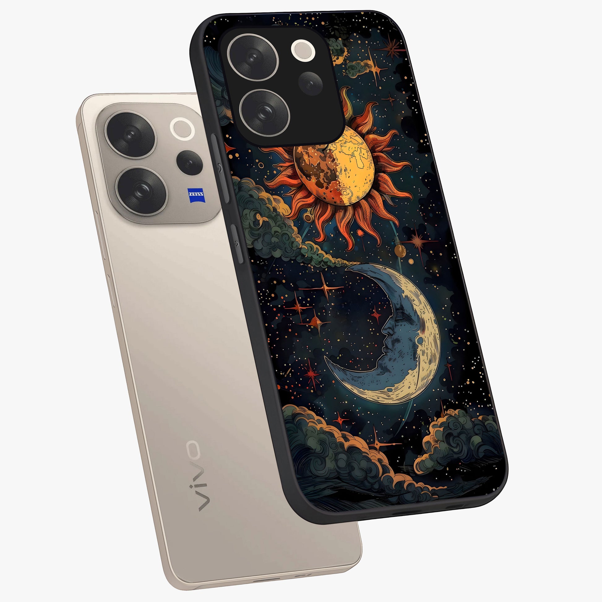 Sun And Moon Magic Design Glass Case displayed in angled mockup highlighting celestial design with magical cosmic aesthetic.