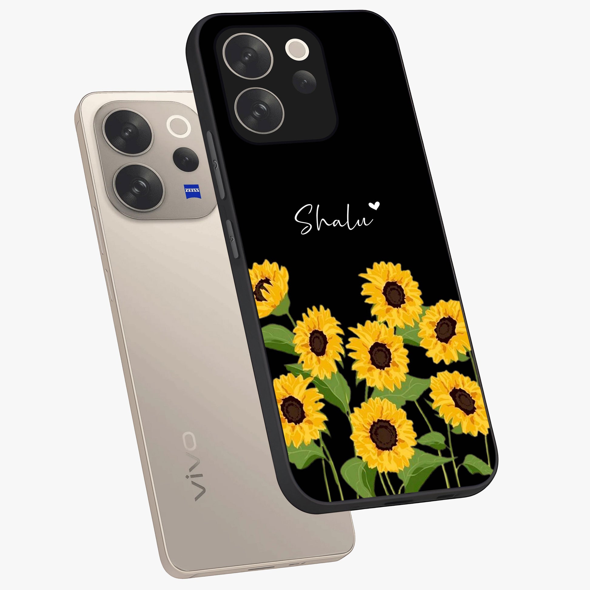 Sunflower Chic Mood Custom Name Glass Case displayed in angled mockup highlighting vibrant sunflower design with custom name feature.