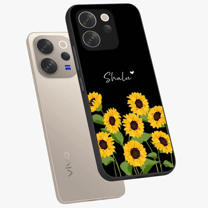 Sunflower Chic Mood Custom Name Glass Case displayed in angled mockup highlighting vibrant sunflower design with custom name feature.