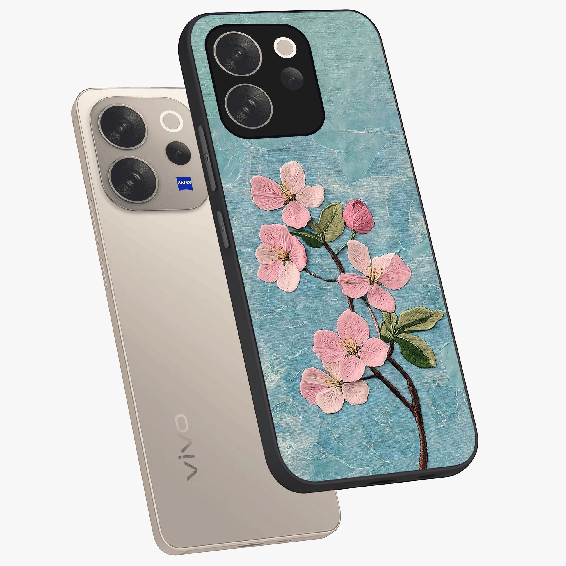 Threaded Blossom Breeze Glass Case displayed in angled mockup highlighting elegant floral design with soft aesthetic style.
