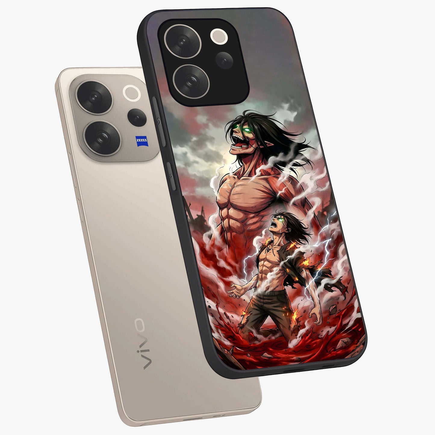 Titan Awakening Fury Glass Case displayed in angled mockup highlighting dramatic giant warrior design with bold anime aesthetic.
