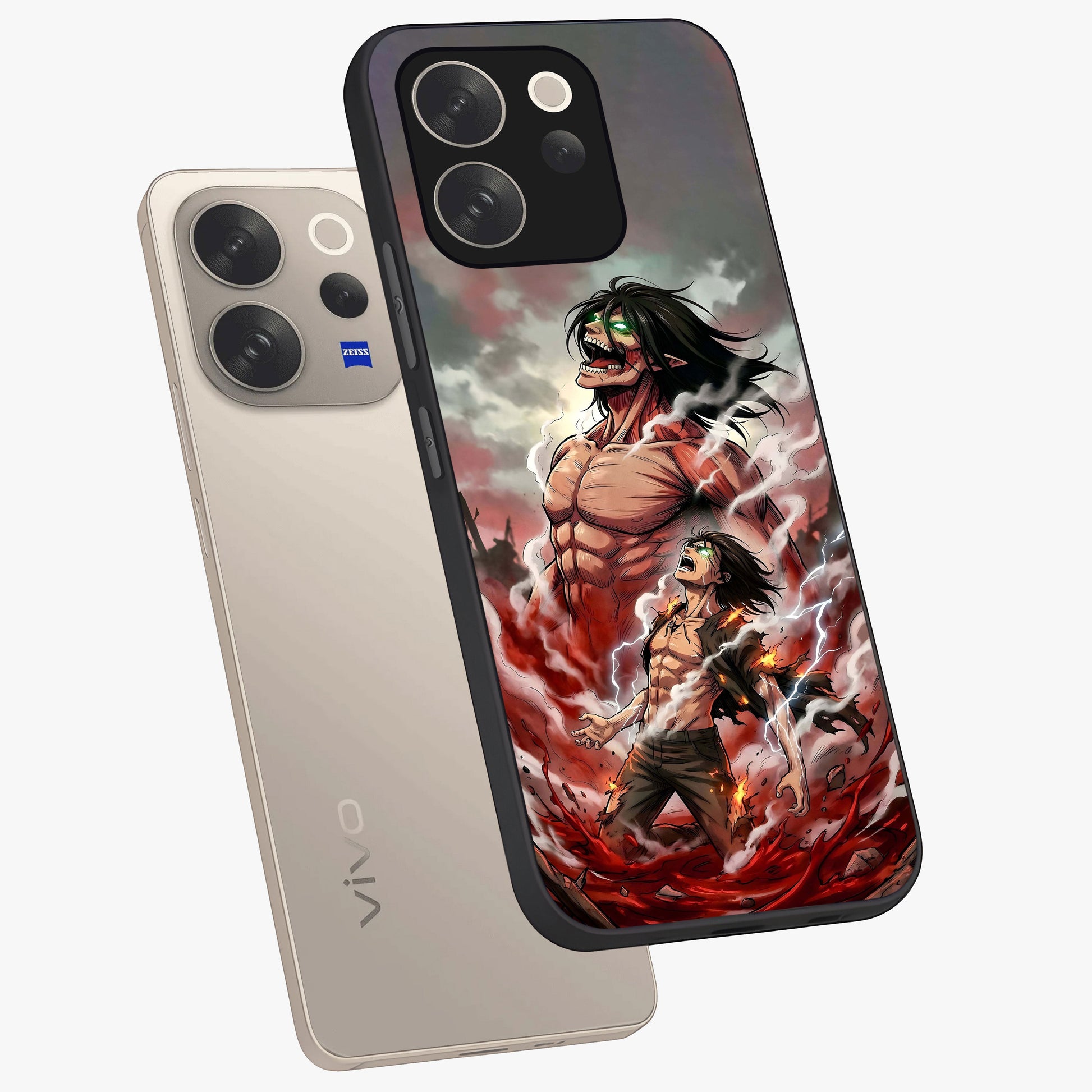 Titan Awakening Fury Glass Case displayed in angled mockup highlighting dramatic giant warrior design with bold anime aesthetic.