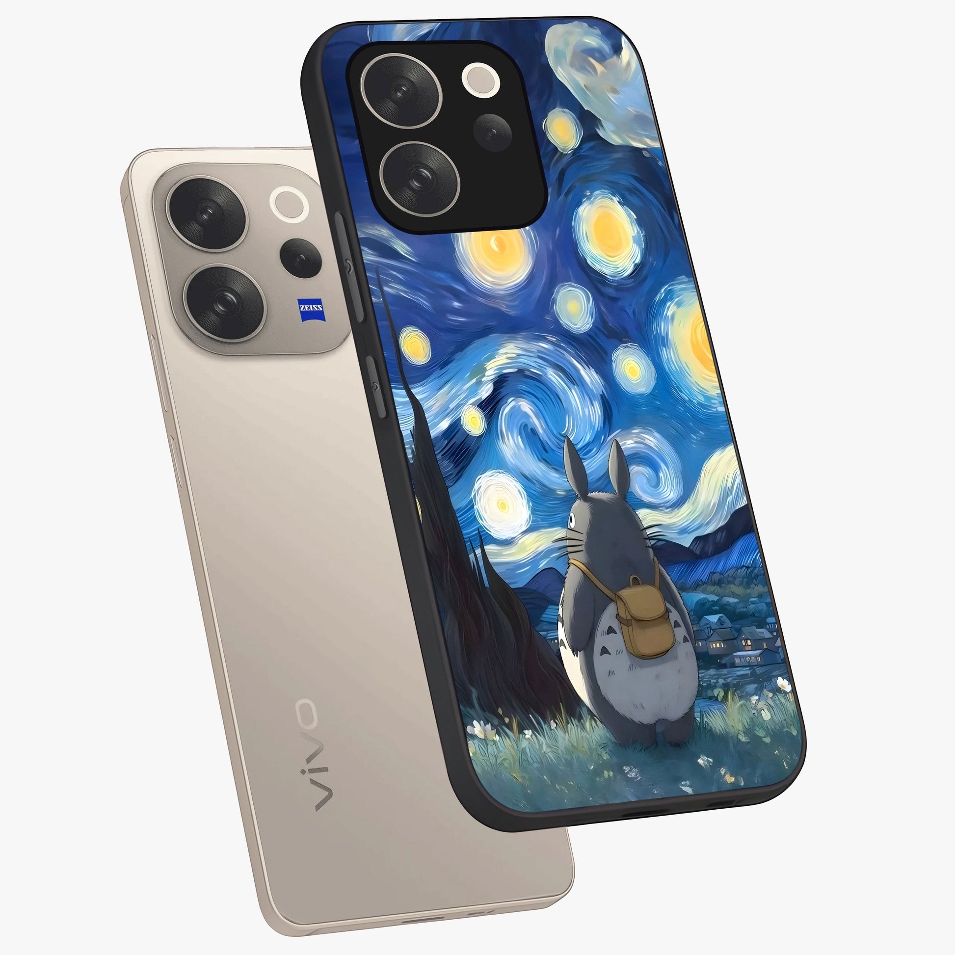 Totoro In Van Gogh Art Glass Case displayed in angled mockup highlighting artistic swirling sky design with playful animation aesthetic.