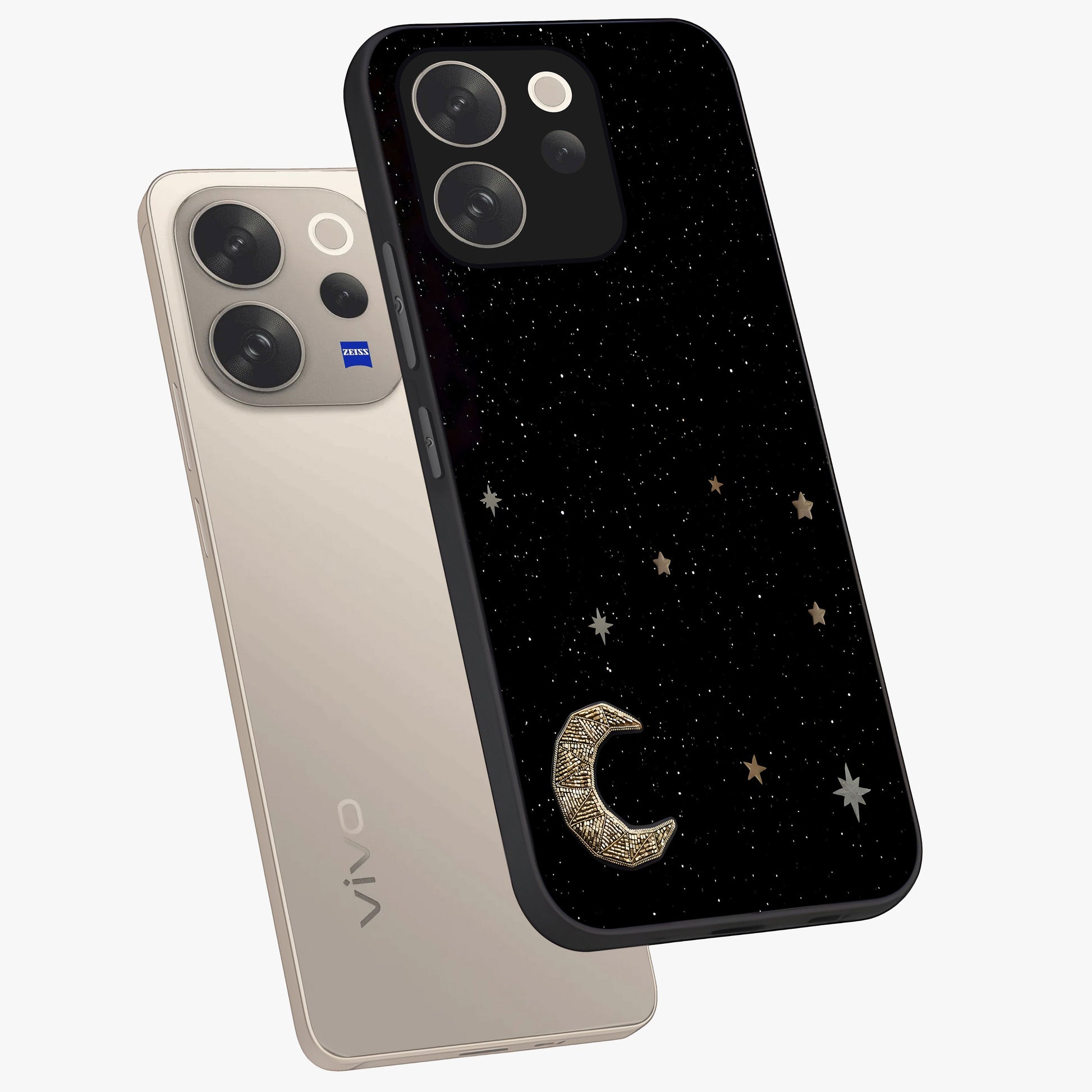 Twinkle Star With Half Moon Glass Case displayed in angled mockup highlighting celestial moon and star design with magical aesthetic.