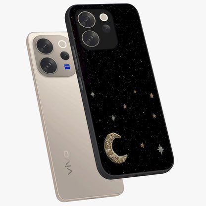 Twinkle Star With Half Moon Glass Case displayed in angled mockup highlighting celestial moon and star design with magical aesthetic.