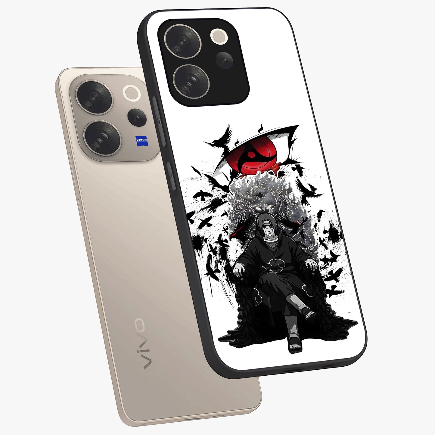 Uchiha Shadow Throne Glass Case displayed in angled mockup highlighting glowing aquatic design with celestial aesthetic.