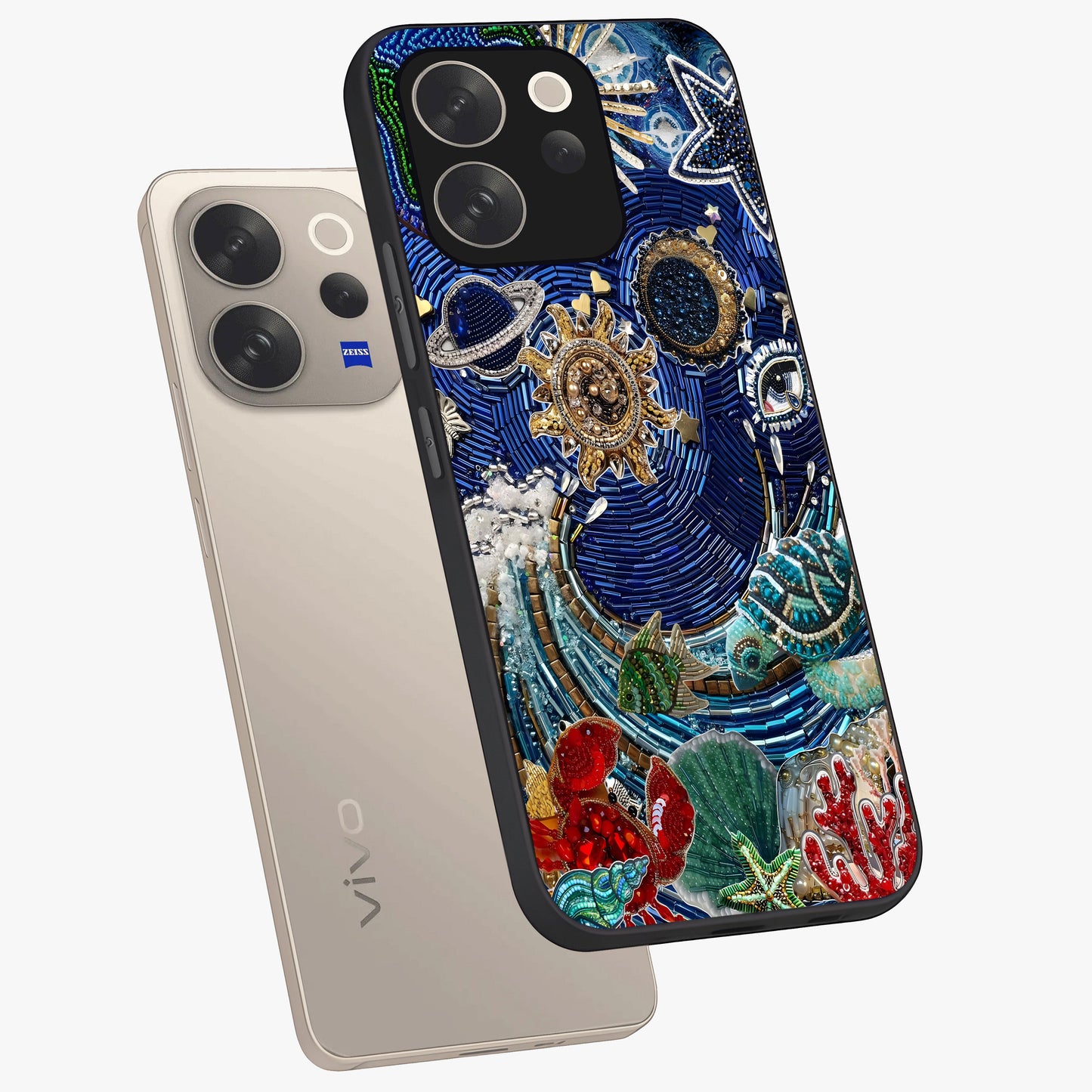 Universe Underwater Spark Glass Case displayed in angled mockup highlighting glowing aquatic design with celestial aesthetic.