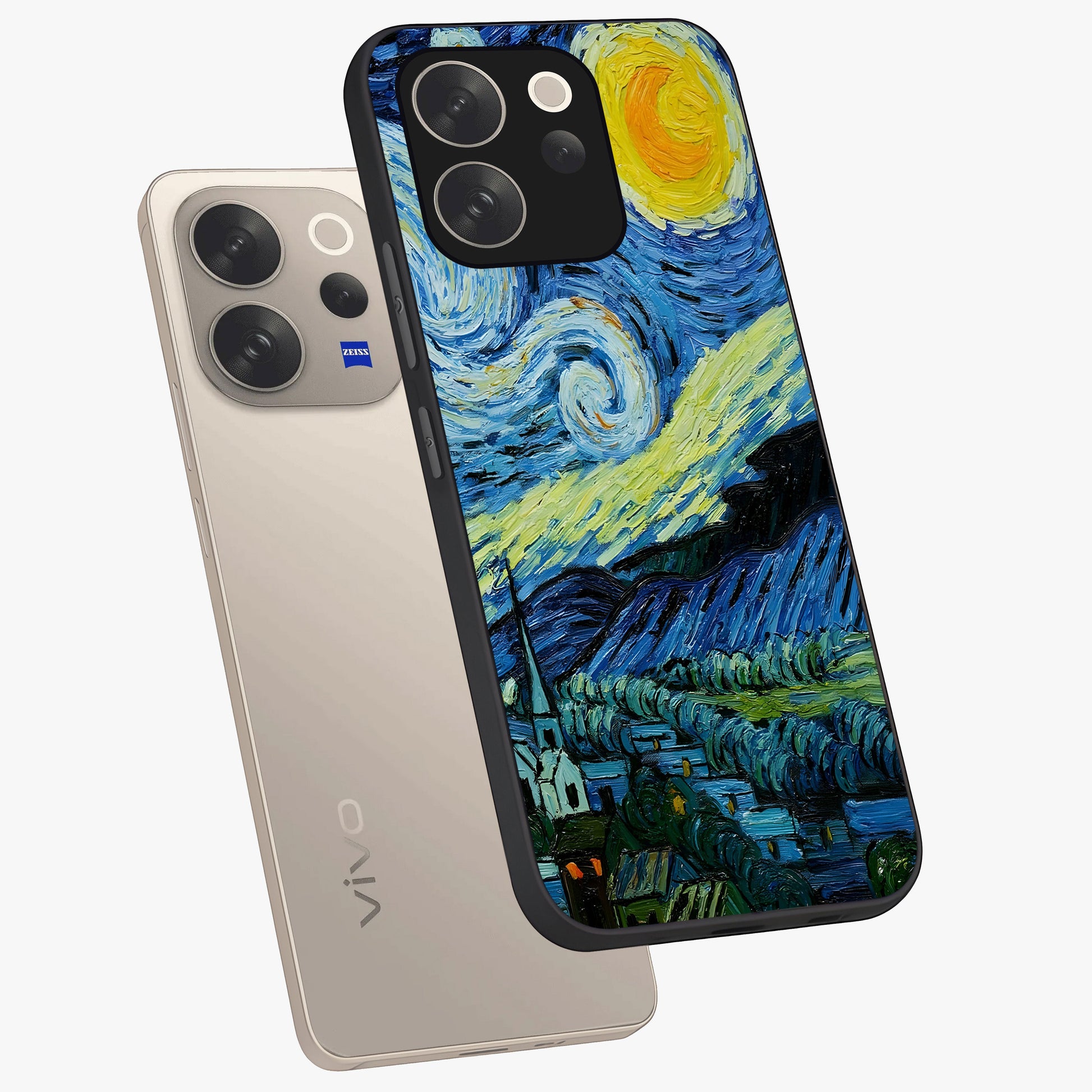 Van Gogh Art Glass Case displayed in angled mockup highlighting swirling brushstroke design with artistic aesthetic.