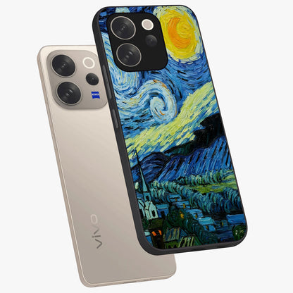 Van Gogh Art Glass Case displayed in angled mockup highlighting swirling brushstroke design with artistic aesthetic.