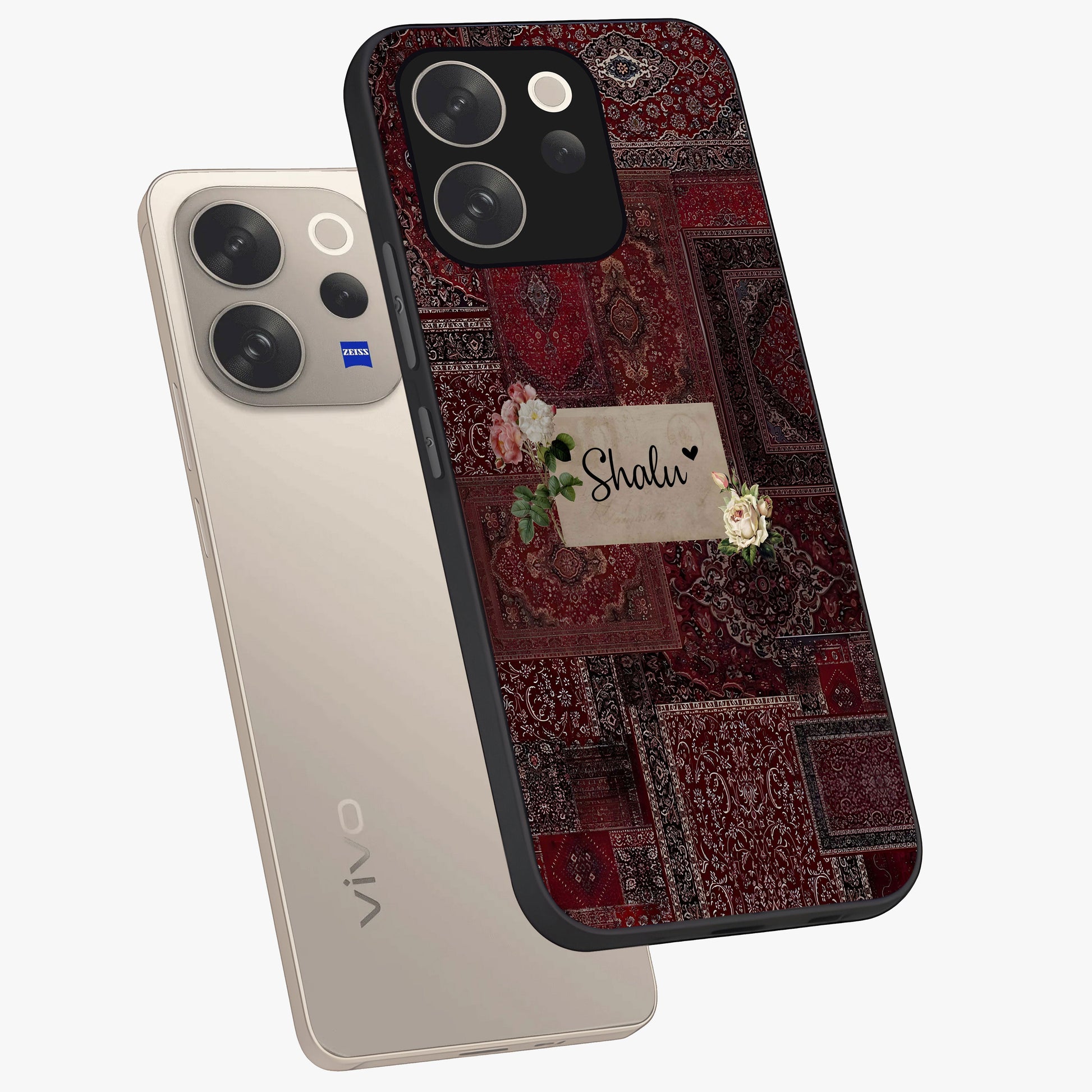 Velvet Wine Pattern Custom Name Glass Case displayed in angled mockup highlighting decorative velvet inspired design with custom name feature.