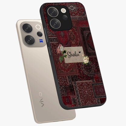 Velvet Wine Pattern Custom Name Glass Case displayed in angled mockup highlighting decorative velvet inspired design with custom name feature.