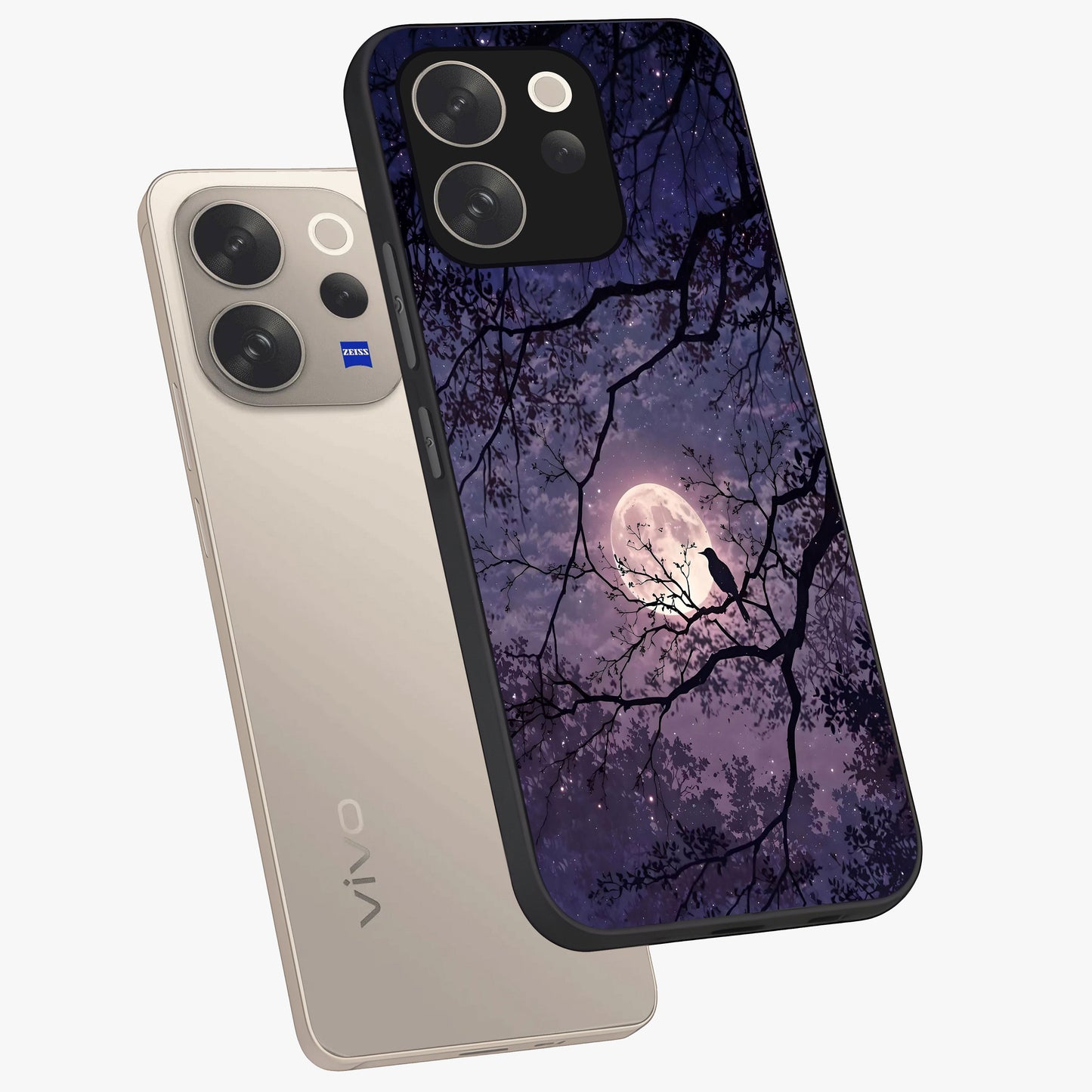 Whispering Moon Silence Glass Case displayed in angled mockup highlighting calm lunar design with dreamy night aesthetic.