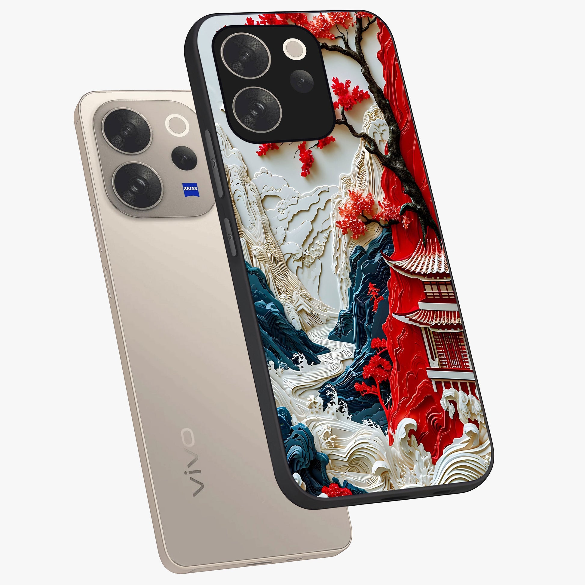 Whispers Of Sakura Waves Glass Case displayed in angled mockup highlighting flowing sakura design with soft floral aesthetic.