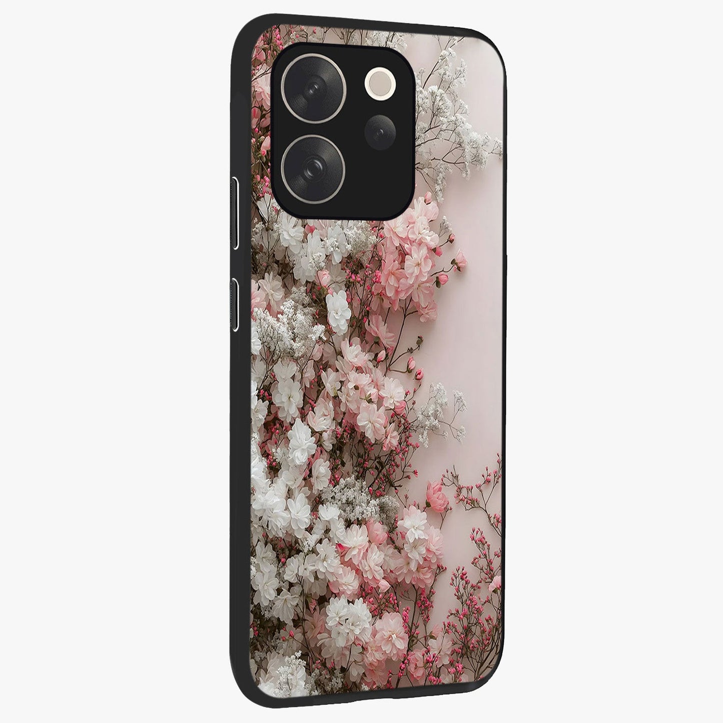 Blush Blossom Cloud Glass Case upright view showcasing calm floral cloud artwork with gentle dreamy theme.