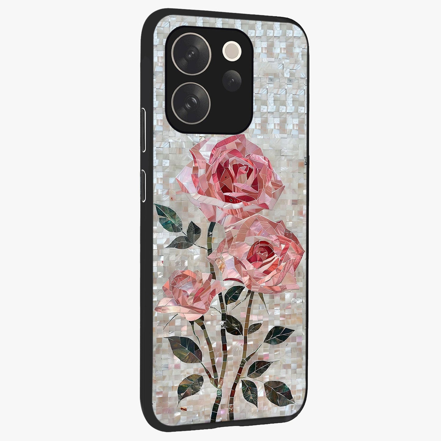 Blush Mosaic Bloom Glass Case upright view showcasing decorative floral mosaic artwork with stylish modern aesthetic.