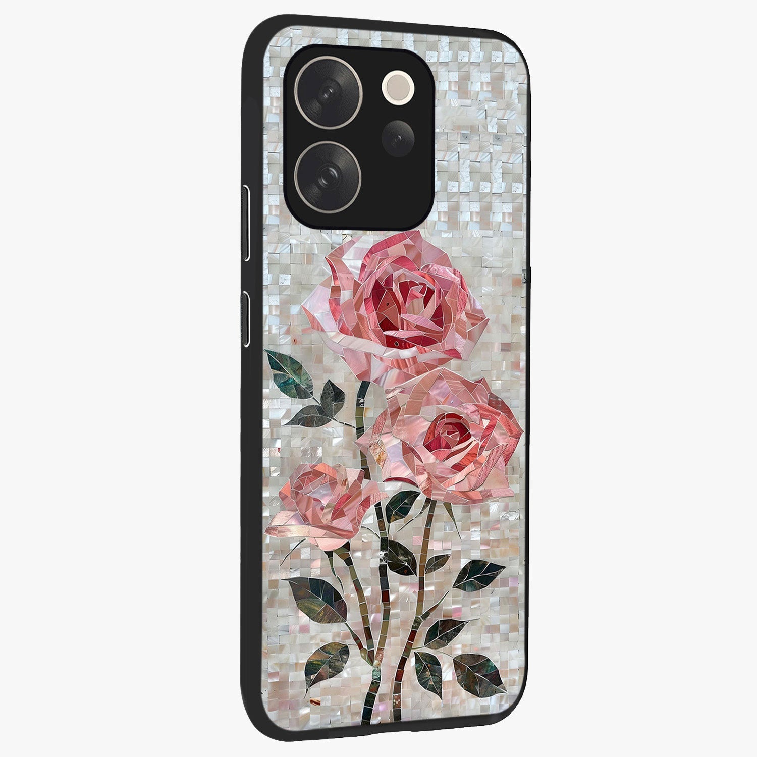 Blush Mosaic Bloom Glass Case upright view showcasing decorative floral mosaic artwork with stylish modern aesthetic.