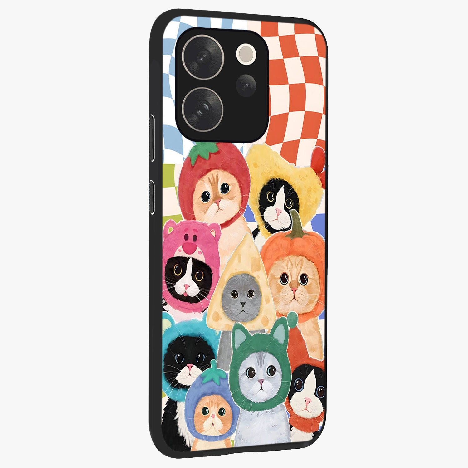 Cats in Fruits Glass Case upright view showcasing charming cat artwork with fun fruity theme.