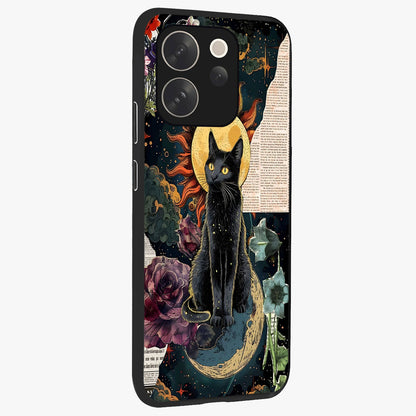 Celestial Black Cat Glass Case upright view showcasing magical black cat illustration with starry cosmic theme.