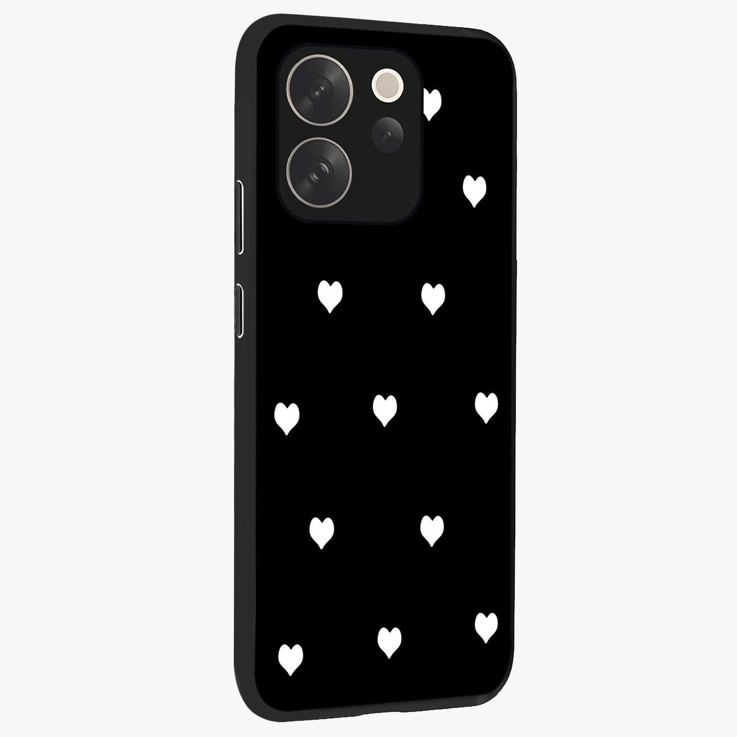 Cute And Simple White Hearts Glass Case upright view showcasing simple white hearts artwork with soft minimal theme.