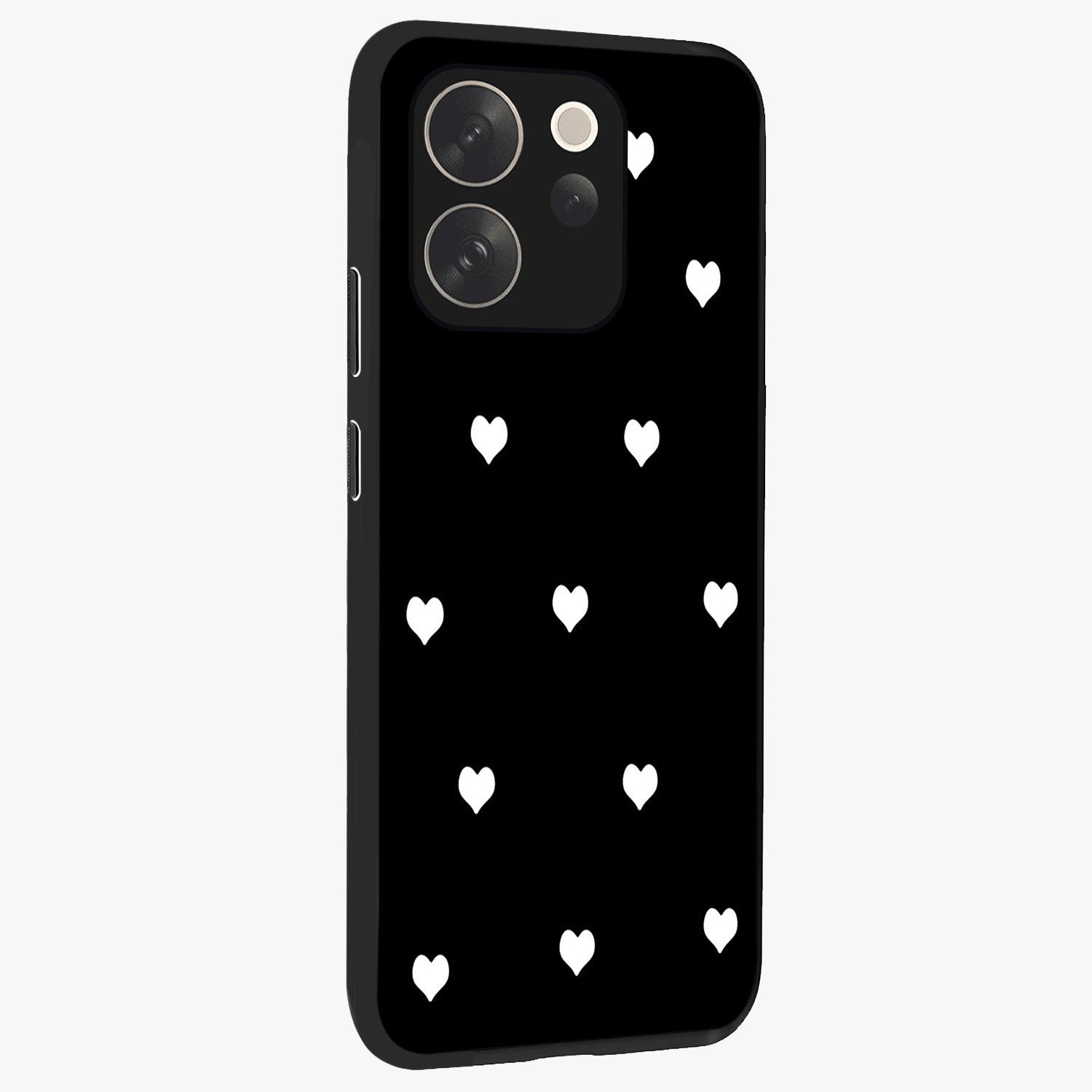 Cute And Simple White Hearts Glass Case upright view showcasing simple white hearts artwork with soft minimal theme.