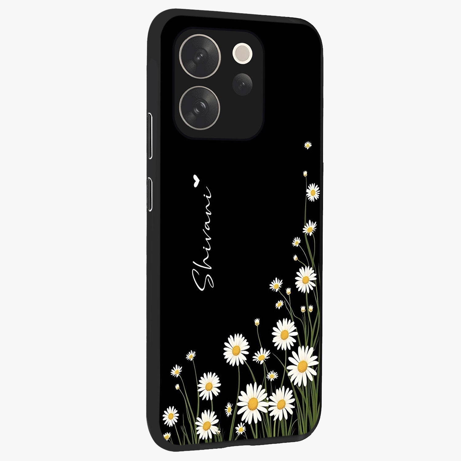 Daisy Cascade Custom Name Glass Case upright view showcasing elegant floral cascade design with personalized aesthetic.