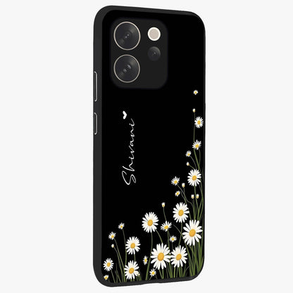 Daisy Cascade Custom Name Glass Case upright view showcasing elegant floral cascade design with personalized aesthetic.