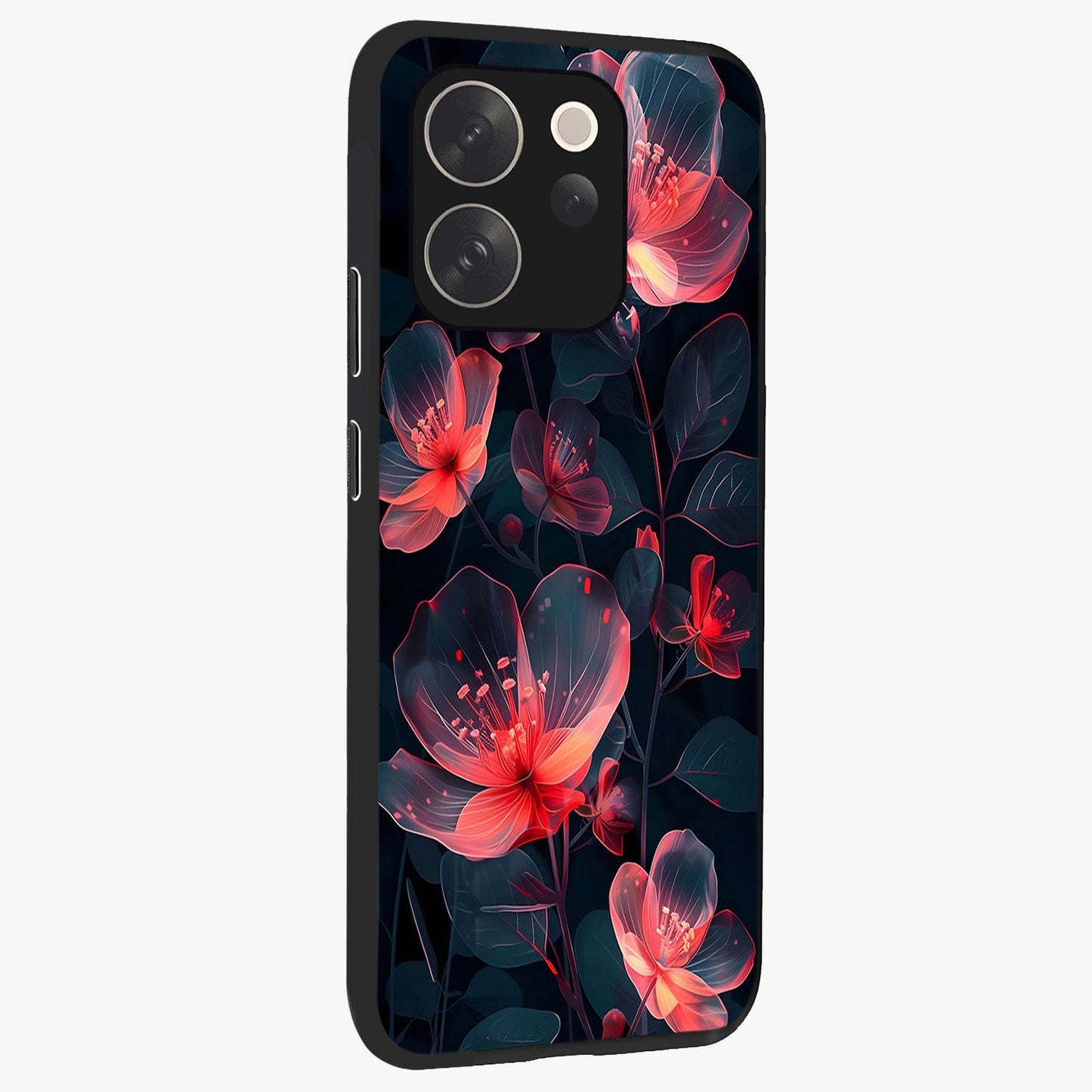 Dark Shade of Flower Glass Case upright view showcasing delicate flower artwork with rich dark floral theme.