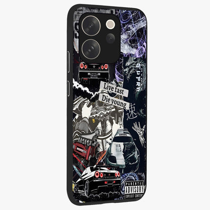 Die Young Glass Case upright view showcasing striking typography artwork with modern statement theme.