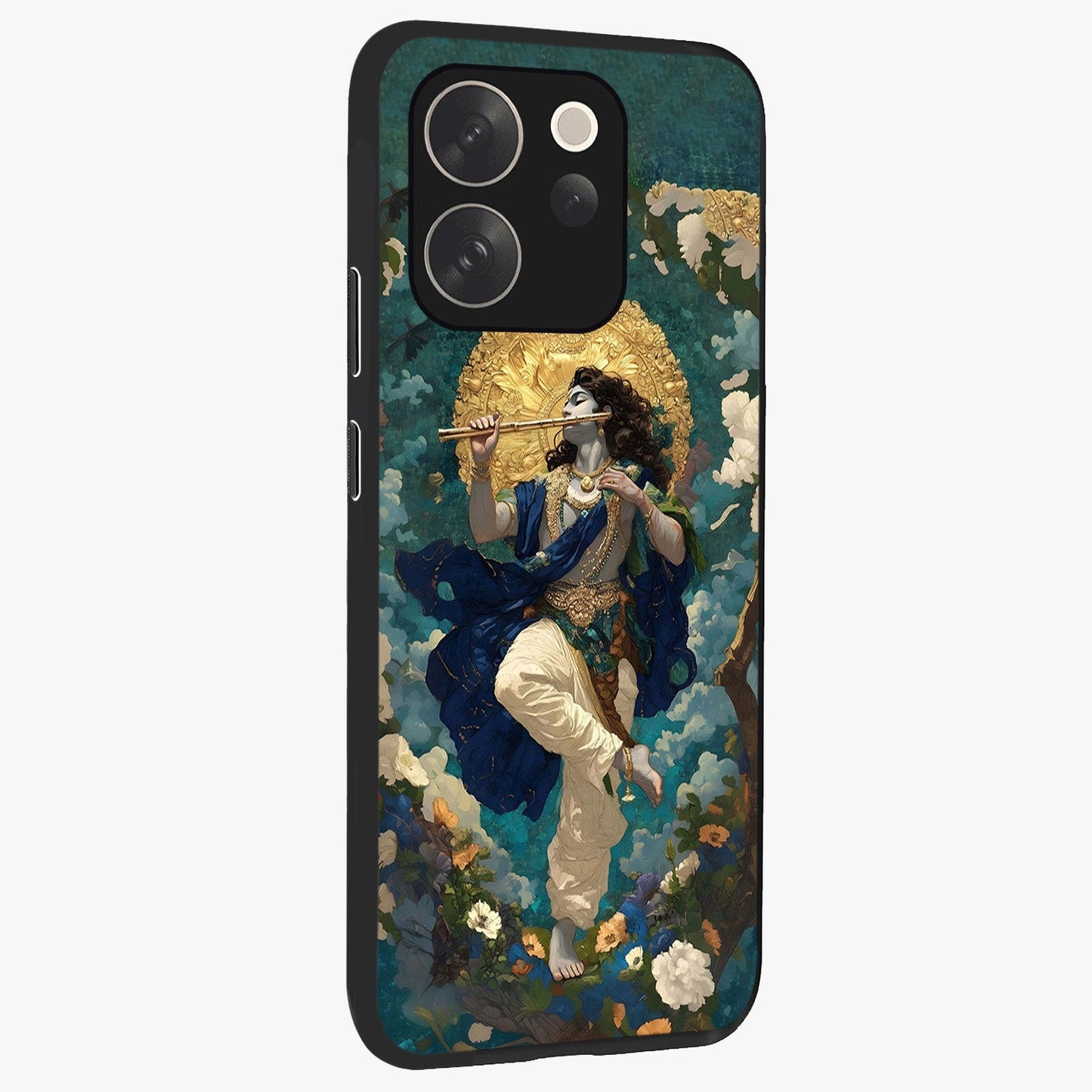 Divine Krishna Art Glass Case upright view showcasing divine Krishna artwork with sacred artistic theme.