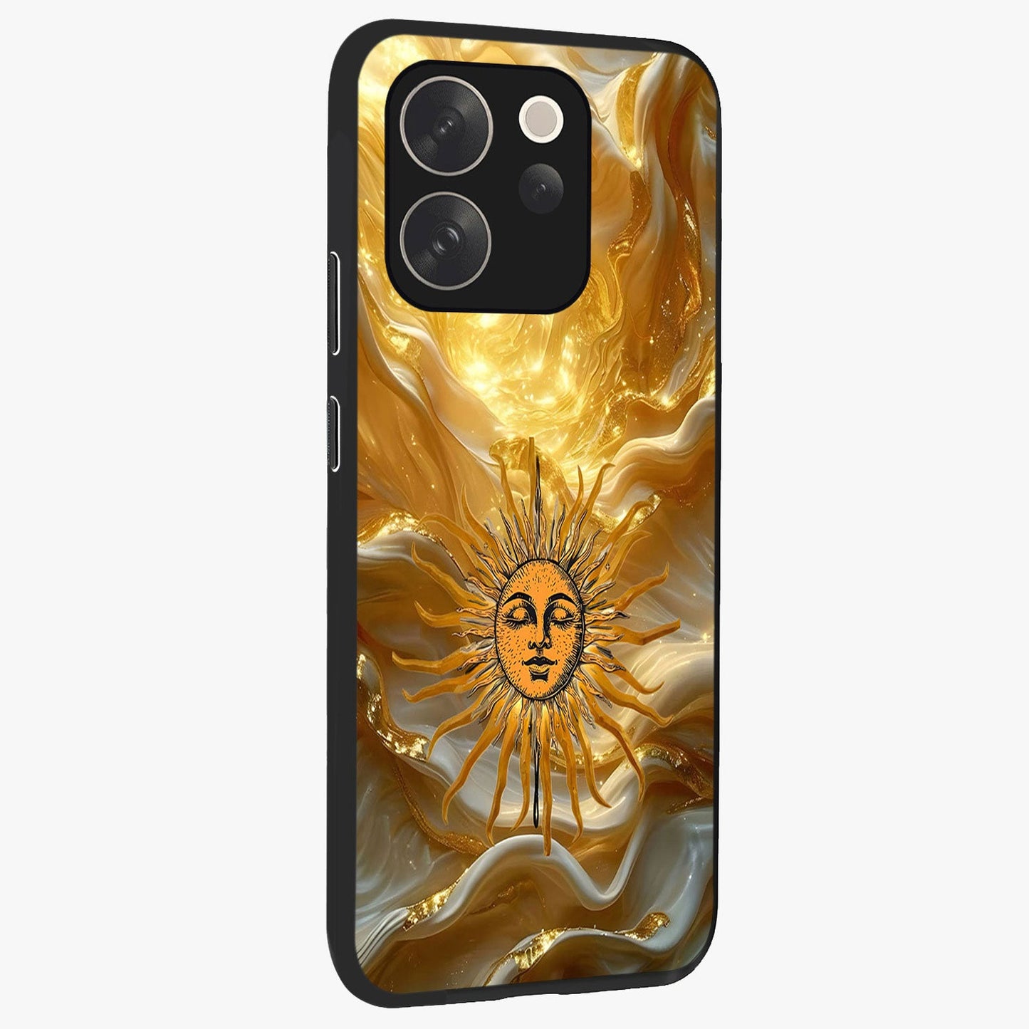 Eternal Golden Glow Glass Case upright view showcasing luminous golden artwork with luxurious visual theme.
