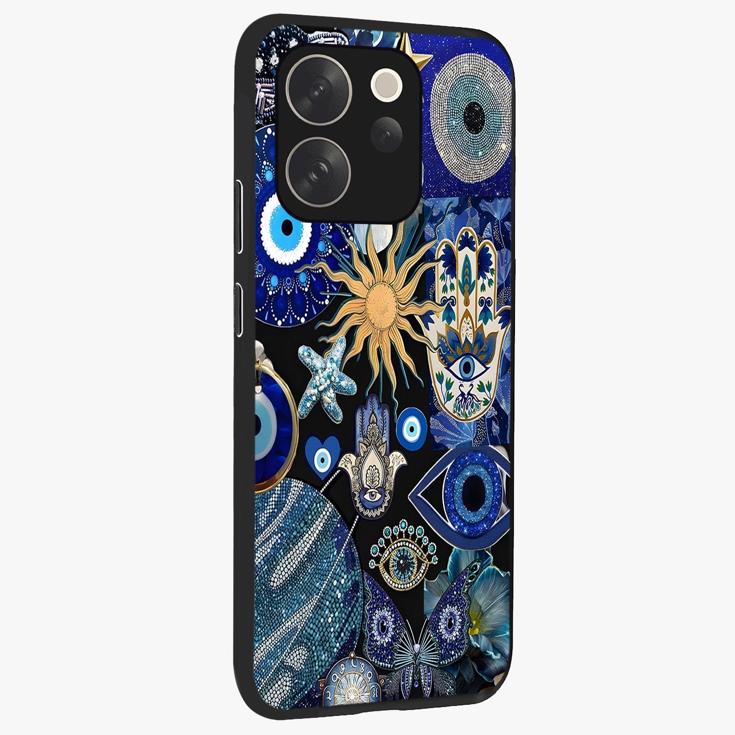 Evil Eye Charm Mix Glass Case upright view showcasing mystical evil eye pattern with vibrant decorative style.