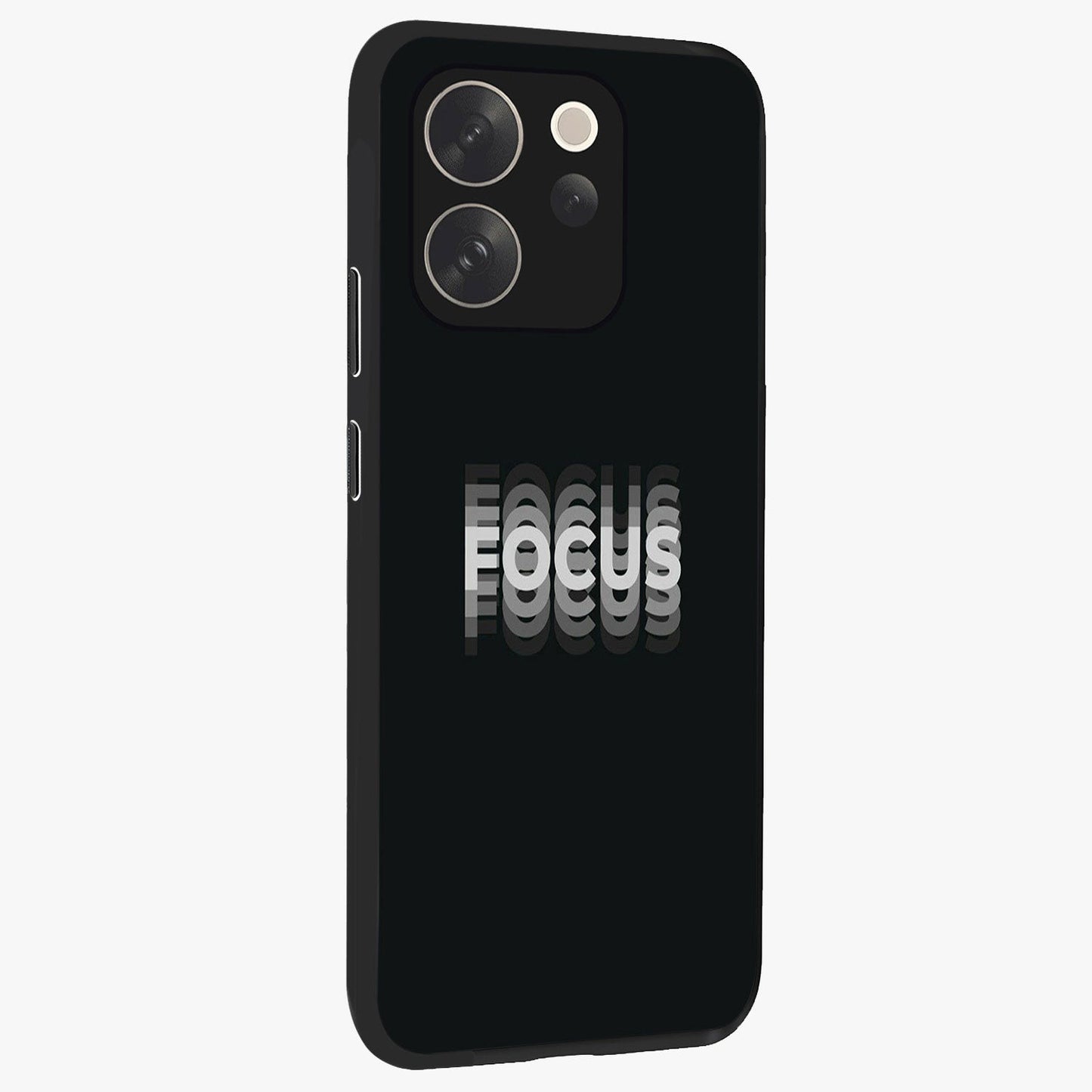 Focus Mode On Glass Case upright view showcasing strong typography statement with sleek motivational theme.