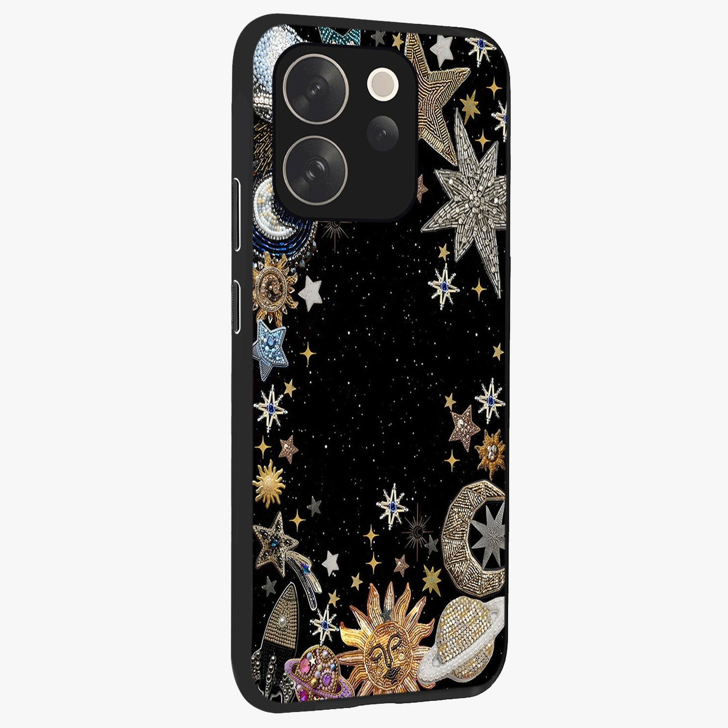 Galactic Jewel Stars Glass Case upright view showcasing glittering star jewel artwork with vibrant galaxy theme.