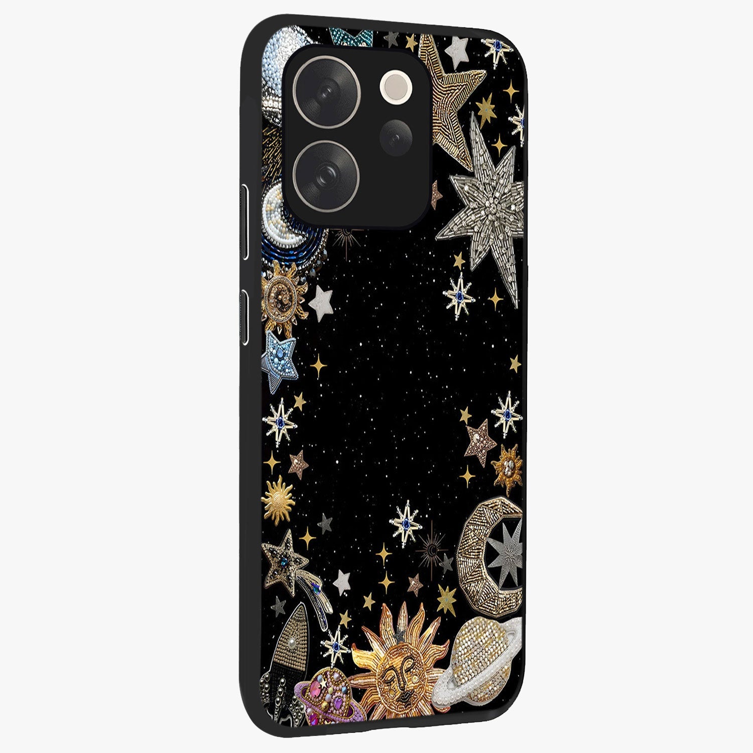Galactic Jewel Stars Glass Case upright view showcasing glittering star jewel artwork with vibrant galaxy theme.