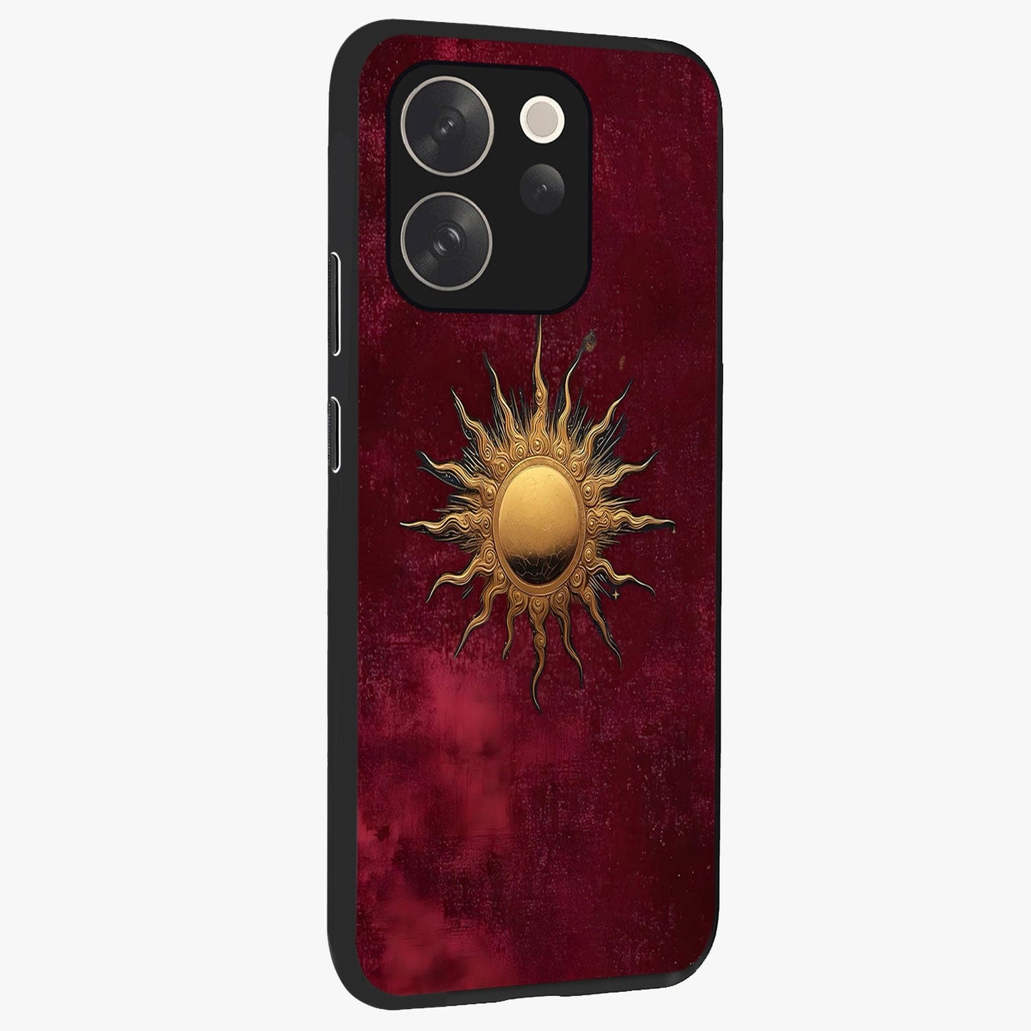 Golden Sun Minimalism Glass Case upright view showcasing simple golden sun artwork with elegant minimalist style.