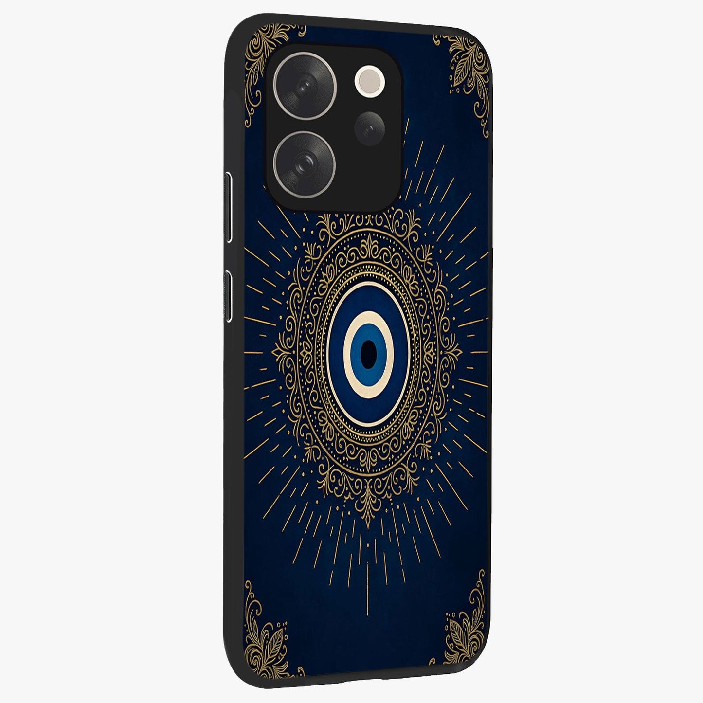 Golden Celestial Charm Glass Case upright view showcasing radiant celestial artwork with elegant golden theme.